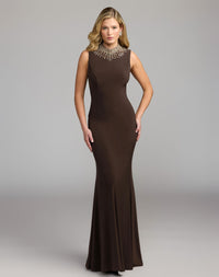 Mac Duggal #2406 chocolate rhinestone high neck jersey gown
