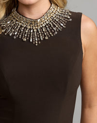Mac Duggal #2406 chocolate gown rhinestone neckline detail