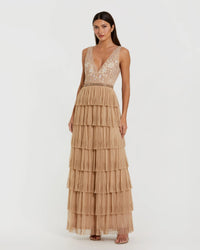 Beige Beaded V-Neck Gown With Tiered Ruffles