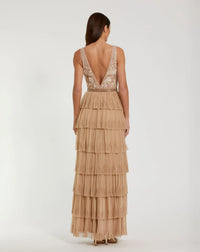 Beige Beaded V-Neck Gown With Tiered Ruffles - Back