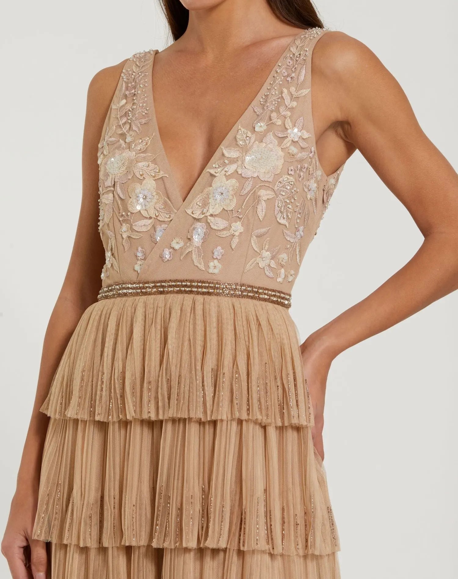 Beige Beaded V-Neck Gown With Tiered Ruffles - Close Up