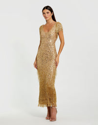 Mac Duggal #24068 gold beaded fringe scoop neck midi dress
