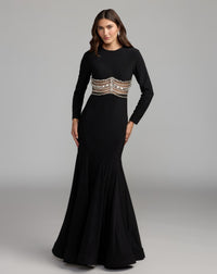Mac Duggal #2407 black long sleeve jersey gown with crystal detail