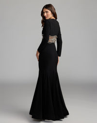 Mac Duggal #2407 black long sleeve jersey gown with crystal detail