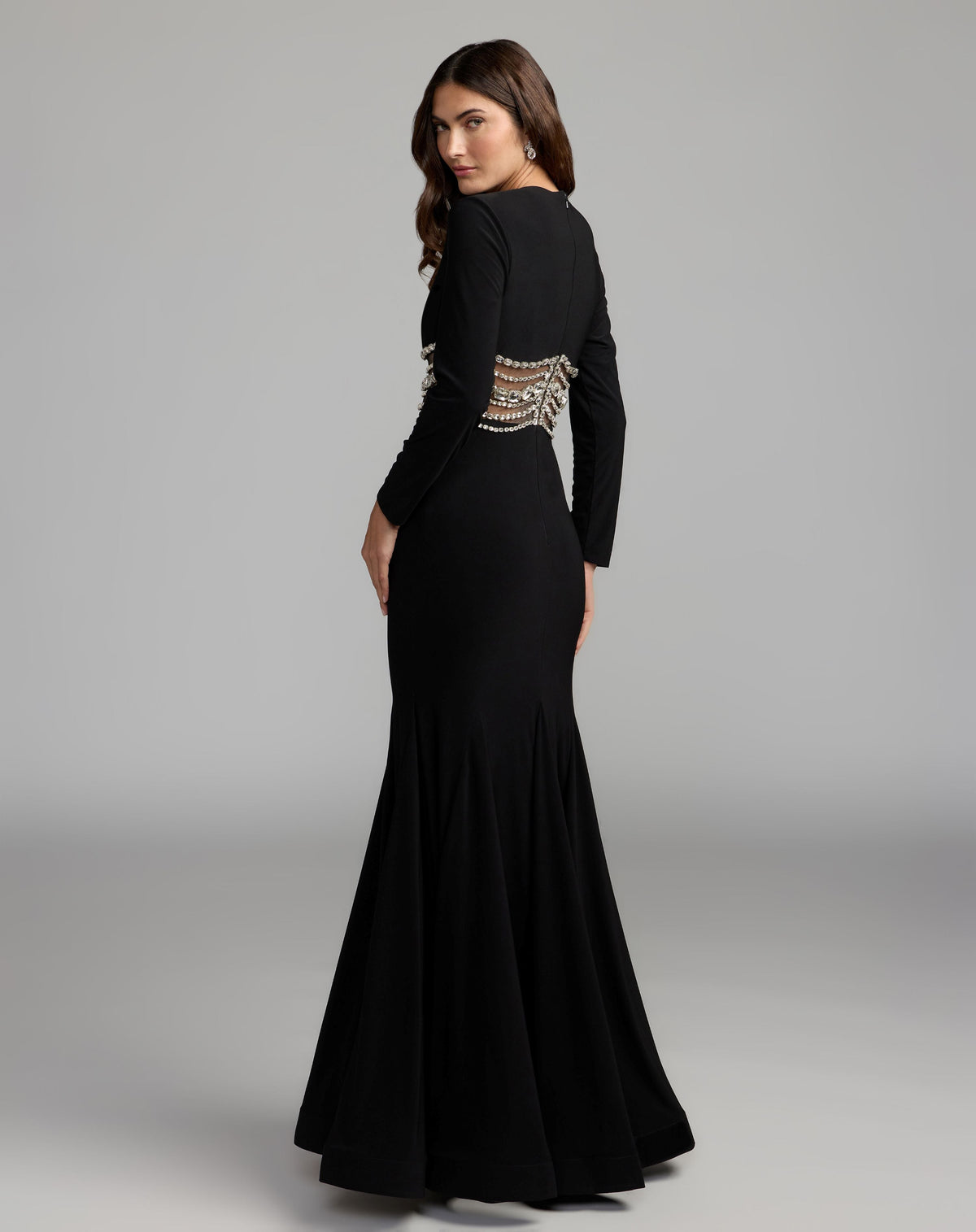 Mac Duggal #2407 black long sleeve jersey gown with crystal detail