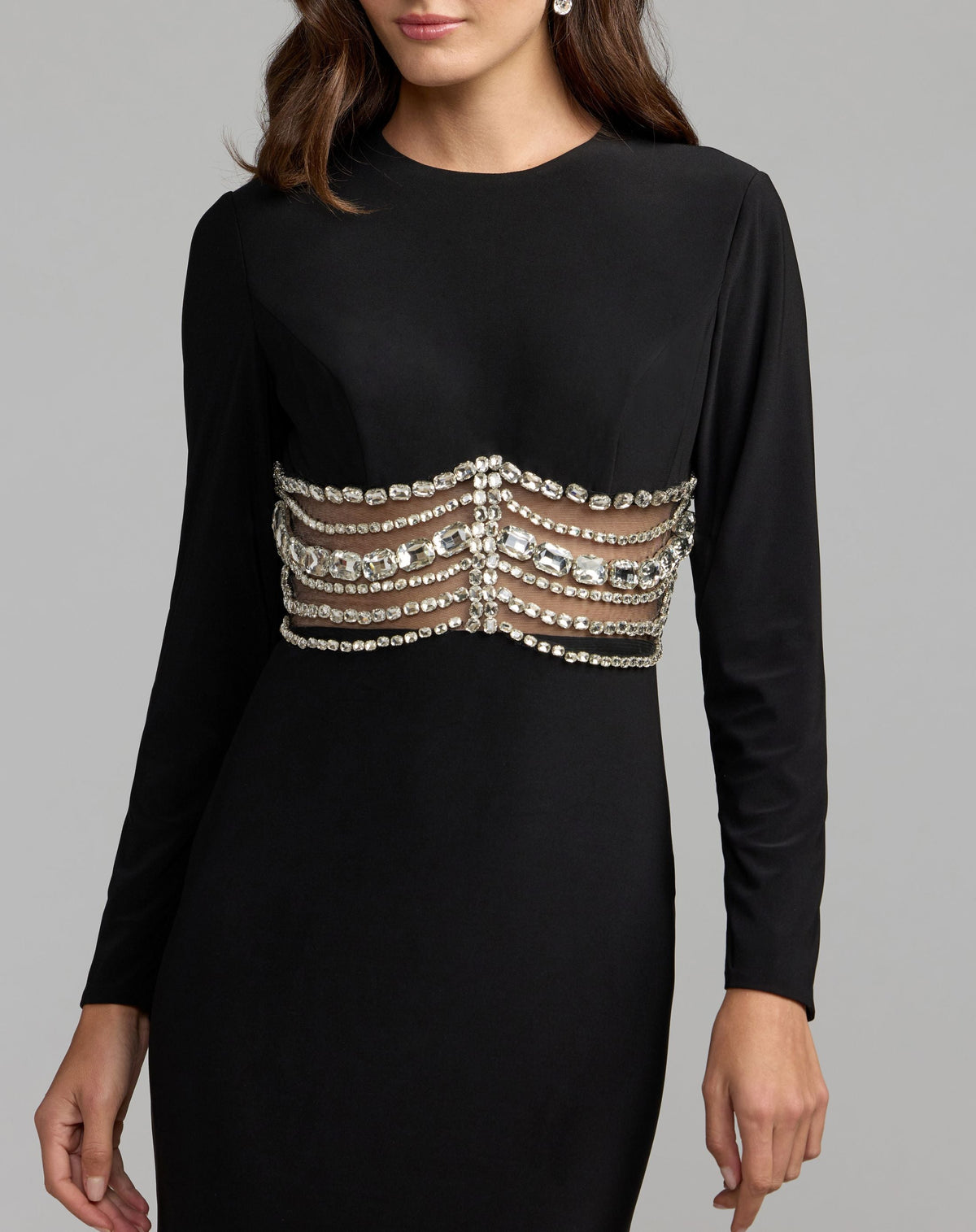 Mac Duggal #2407 black long sleeve jersey gown with crystal detail