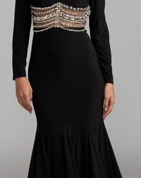Mac Duggal #2407 black long sleeve jersey gown with crystal detail