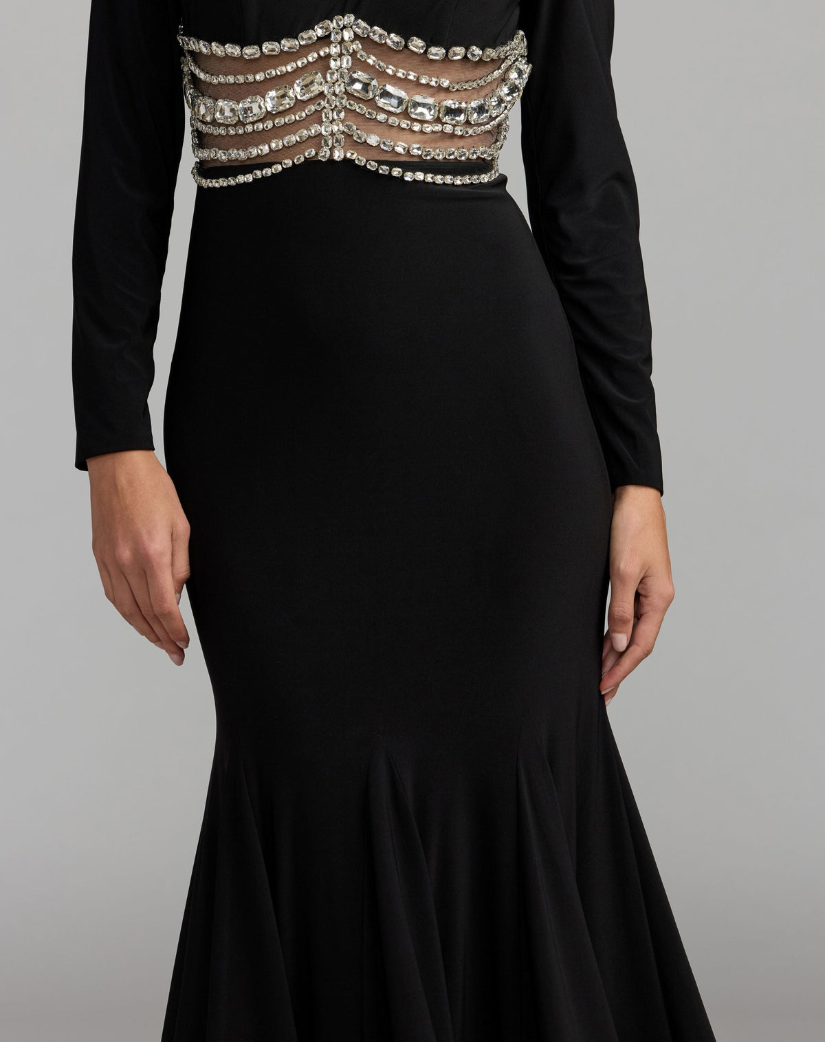 Mac Duggal #2407 black long sleeve jersey gown with crystal detail