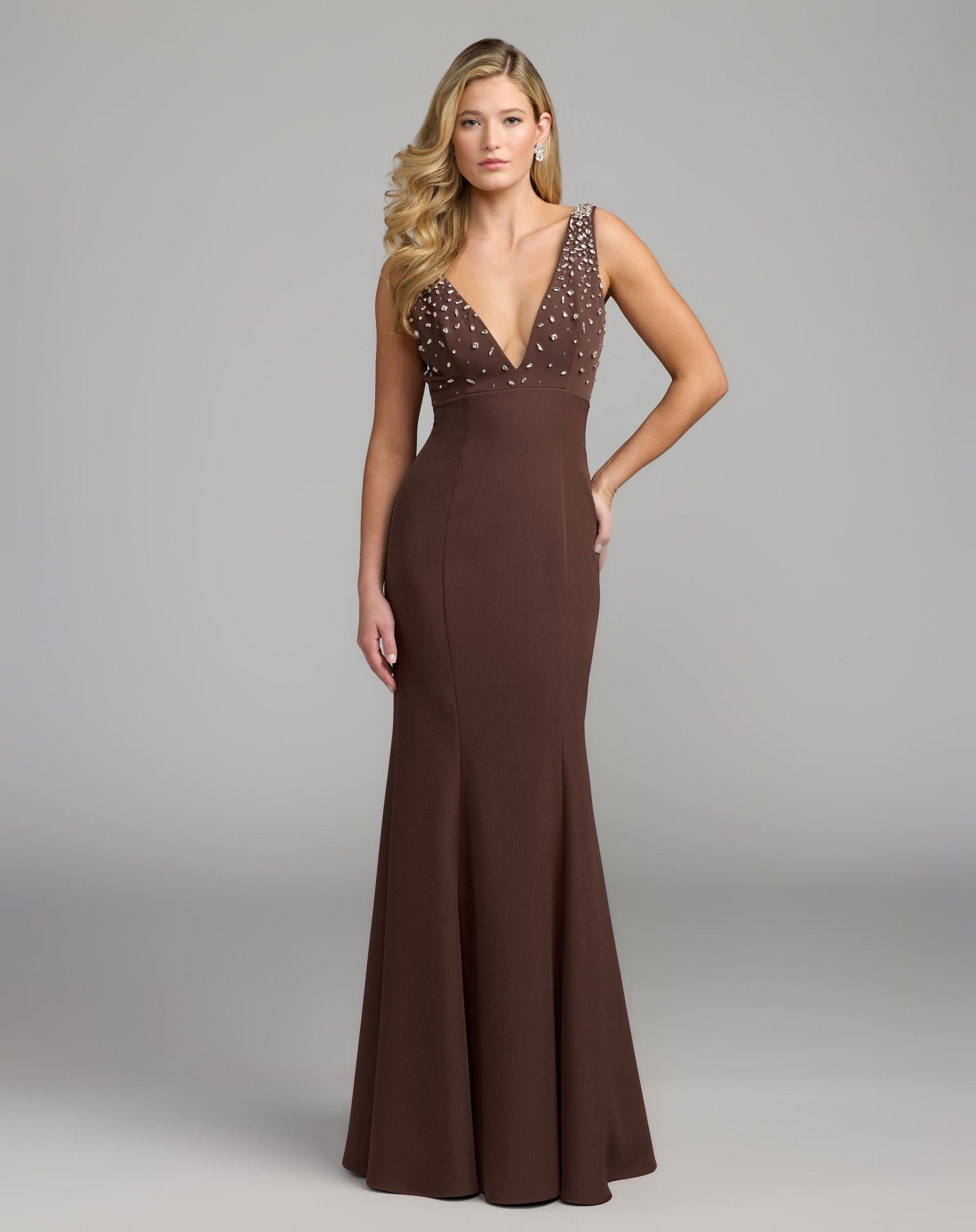 Mac Duggal #2408 chocolate embellished crepe sleeveless v neck gown