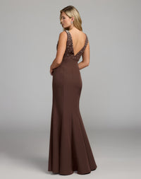 Mac Duggal #2408 chocolate crepe gown v back view