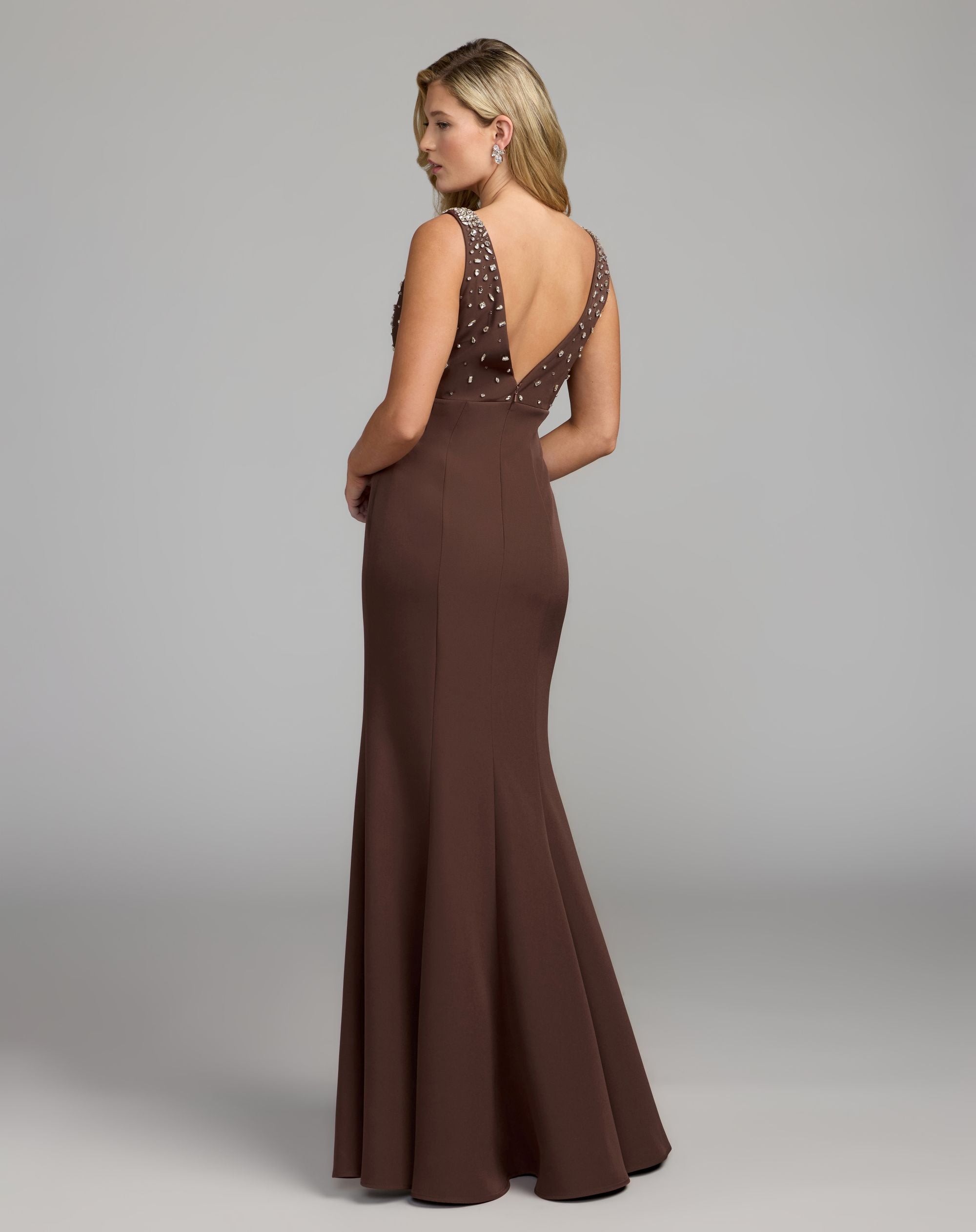 Mac Duggal #2408 chocolate crepe gown v back view