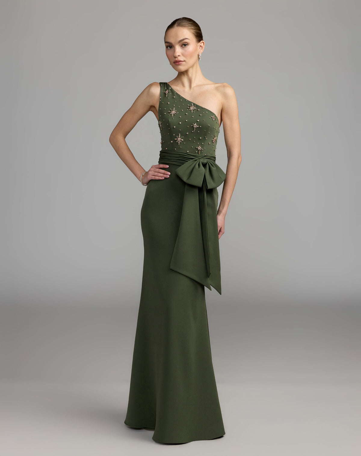 Mac Duggal #2414 forest green embellished one shoulder crepe gown with bow