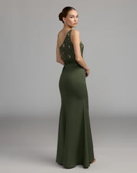Mac Duggal #2414 forest green embellished one shoulder crepe gown with bow