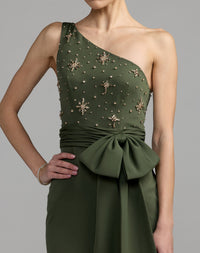 Mac Duggal #2414 forest green embellished one shoulder crepe gown with bow