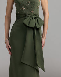 Mac Duggal #2414 forest green embellished one shoulder crepe gown with bow