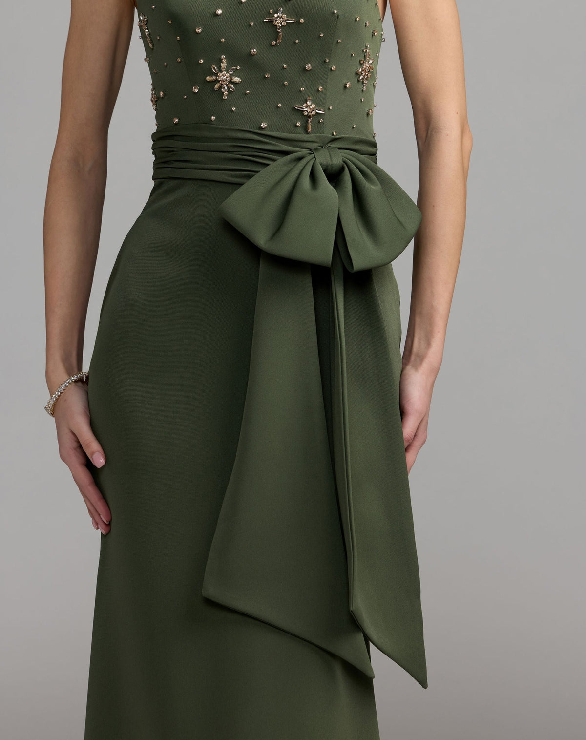 Mac Duggal #2414 forest green embellished one shoulder crepe gown with bow