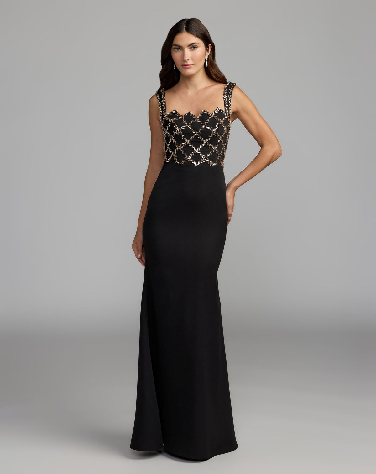 Mac Duggal #2416 black gold embellished square neck column gown