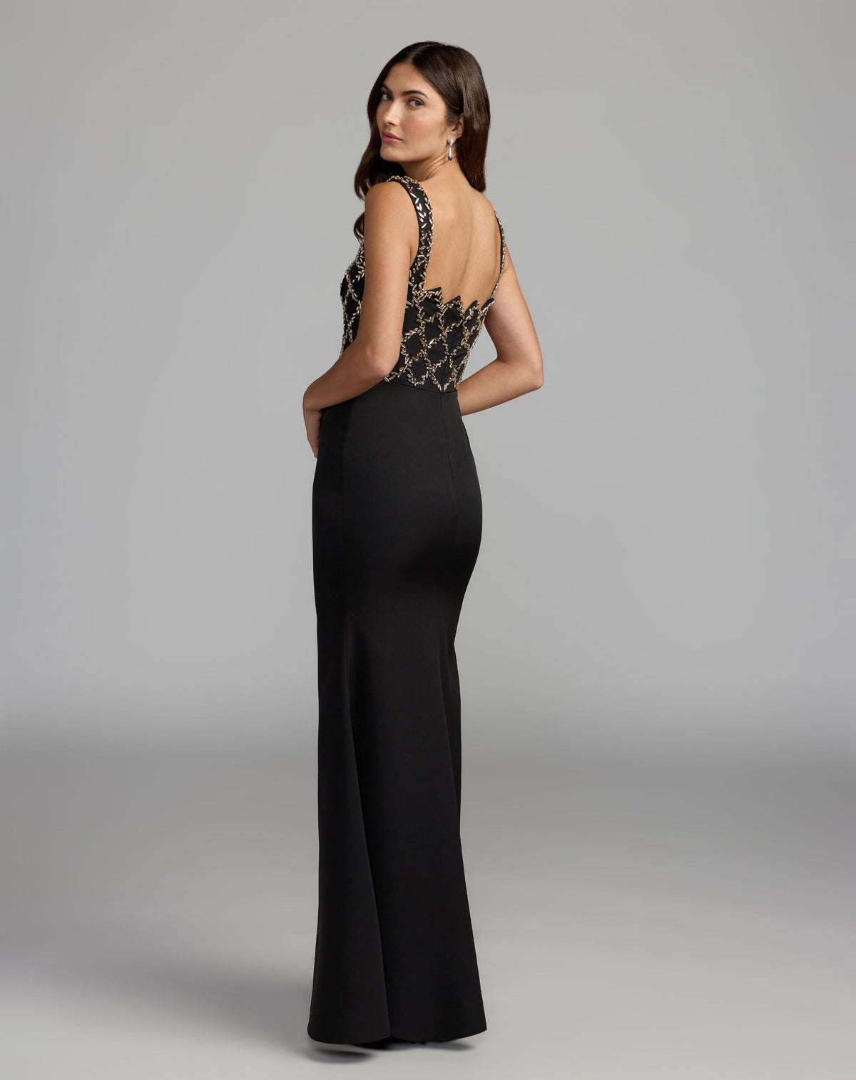 Mac Duggal #2416 black gold column gown low back view