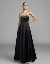 Mac Duggal #2426 black a-line pearl embellished satin gown