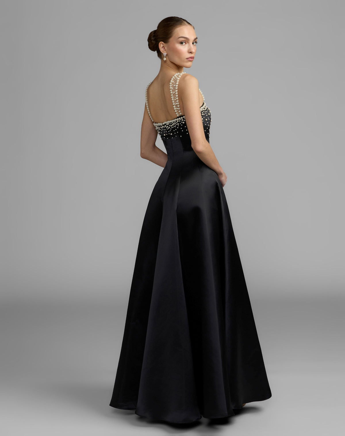 Mac Duggal #2426 black a-line pearl embellished satin gown back view