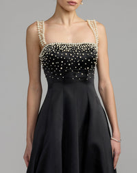 Mac Duggal #2426 black a-line pearl embellished satin gown close-up