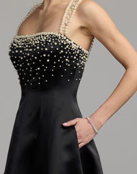 Mac Duggal #2426 black a-line pearl embellished satin gown close-up
