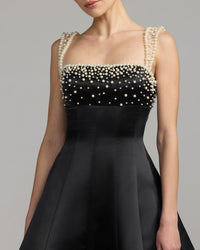 Mac Duggal #2427 black satin mini pearl and crystal bodice close-up