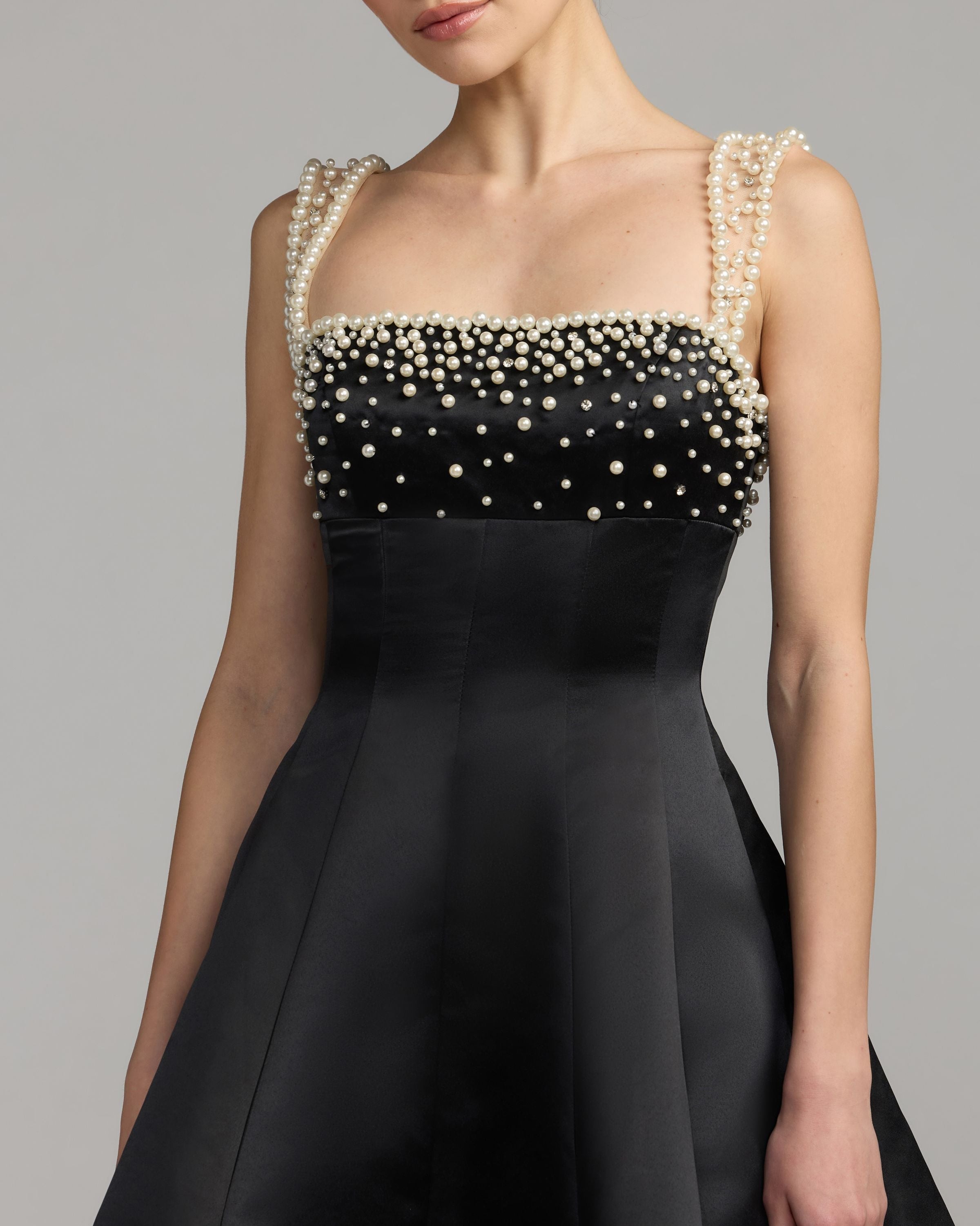 Mac Duggal #2427 black satin mini pearl and crystal bodice close-up
