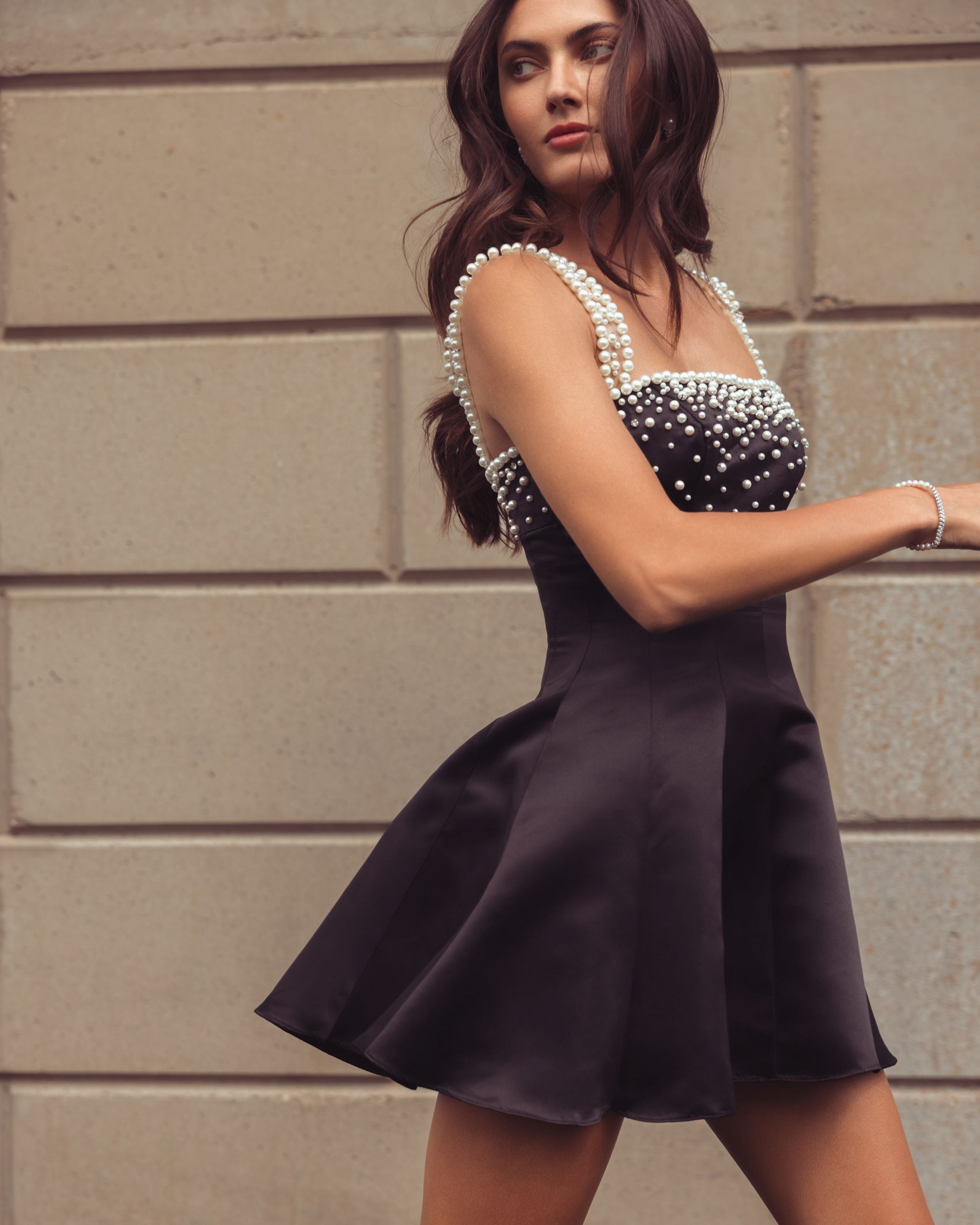 Mac Duggal #2427 black pearl embellished satin mini dress alternate view