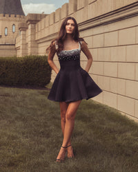 Mac Duggal #2427 black satin mini dress worn