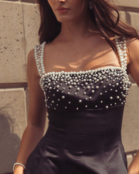 Mac Duggal #2427 black satin mini dress pearl strap detail