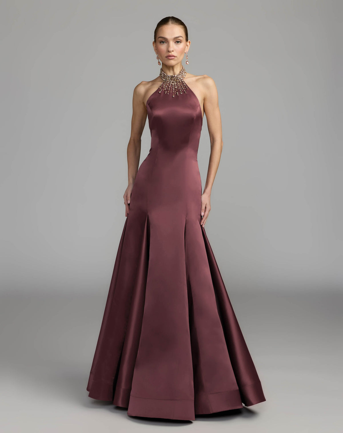 Mac Duggal #2429 deep plum satin embellished halter mermaid gown