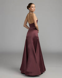Mac Duggal #2429 deep plum satin embellished halter mermaid gown back view