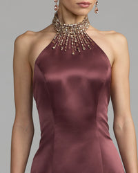 Mac Duggal #2429 deep plum satin embellished halter mermaid gown close-up