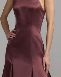 Mac Duggal #2429 deep plum satin embellished halter mermaid gown close-up