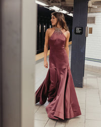 Mac Duggal #2429 deep plum satin embellished halter mermaid gown lifestyle