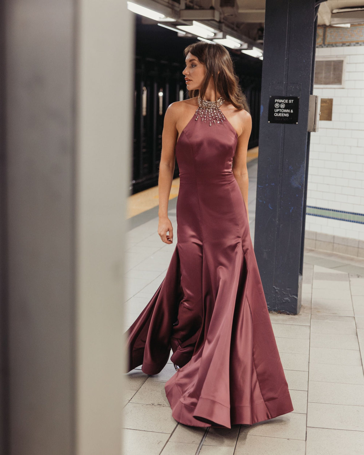 Mac Duggal #2429 deep plum satin embellished halter mermaid gown lifestyle