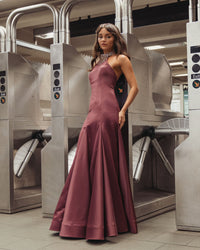 Mac Duggal #2429 deep plum satin embellished halter mermaid gown lifestyle