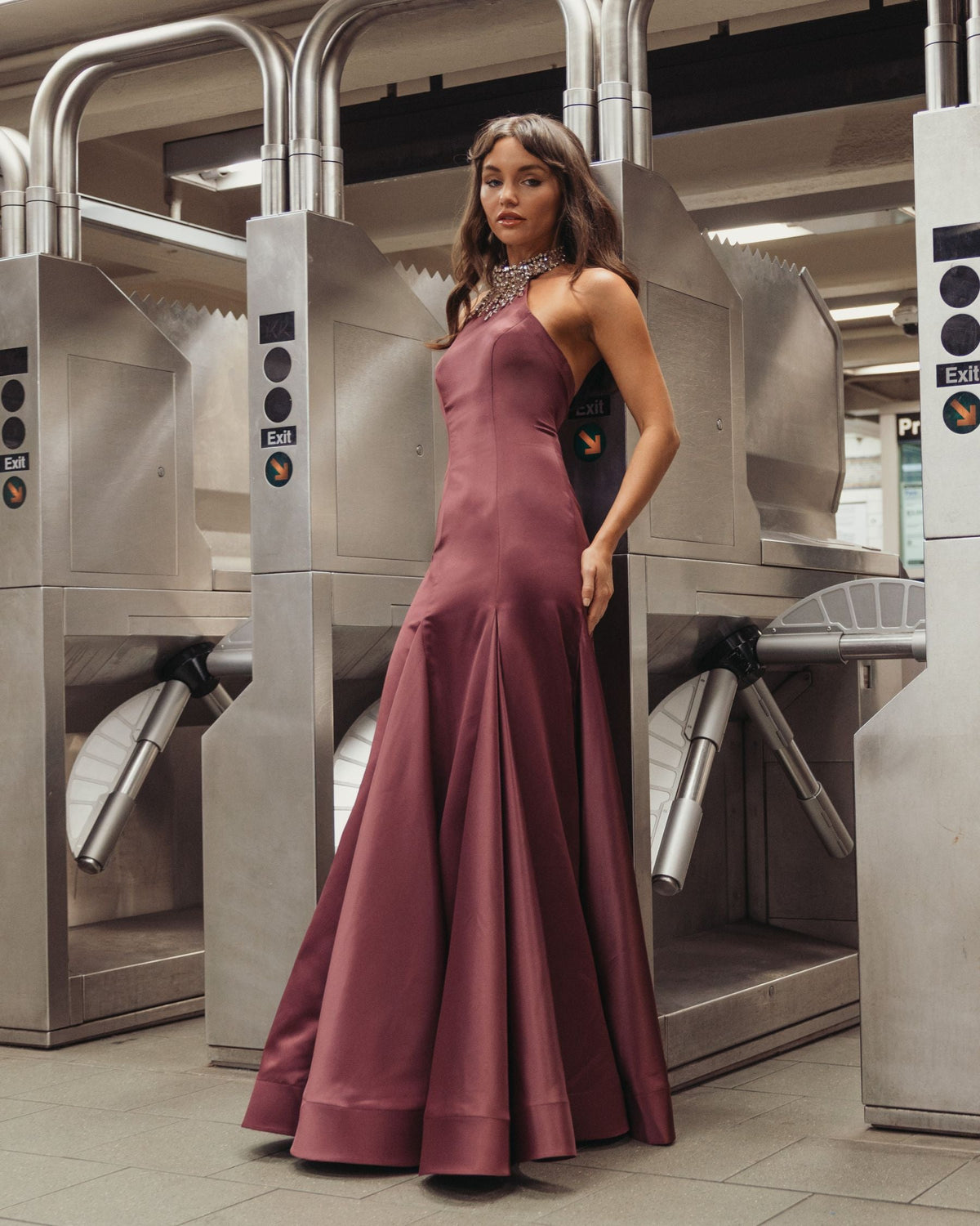 Mac Duggal #2429 deep plum satin embellished halter mermaid gown lifestyle
