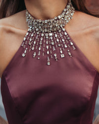 Mac Duggal #2429 deep plum satin embellished halter mermaid gown lifestyle