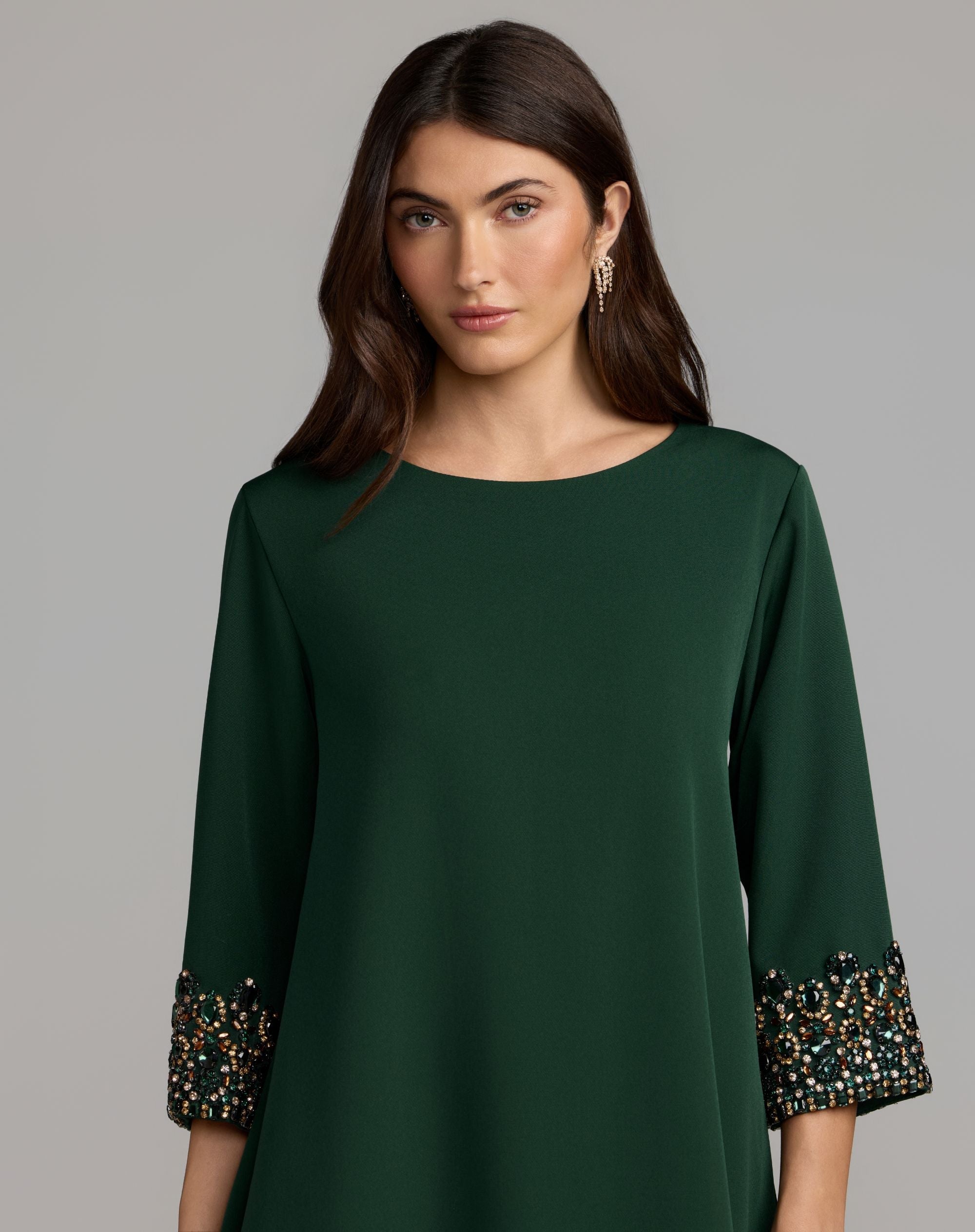 Mac Duggal #2430 deep green rhinestone sleeve trim close-up