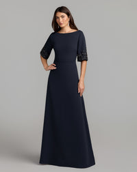 Mac Duggal #2438 midnight a-line crepe gown with beaded sleeves