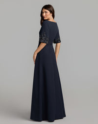 Mac Duggal #2438 midnight a-line crepe gown with beaded sleeves