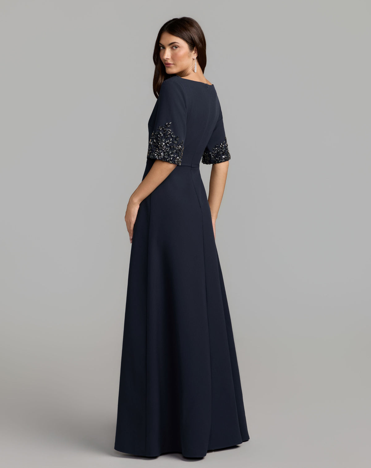 Mac Duggal #2438 midnight a-line crepe gown with beaded sleeves