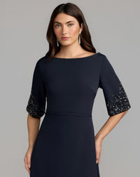 Mac Duggal #2438 midnight a-line crepe gown with beaded sleeves