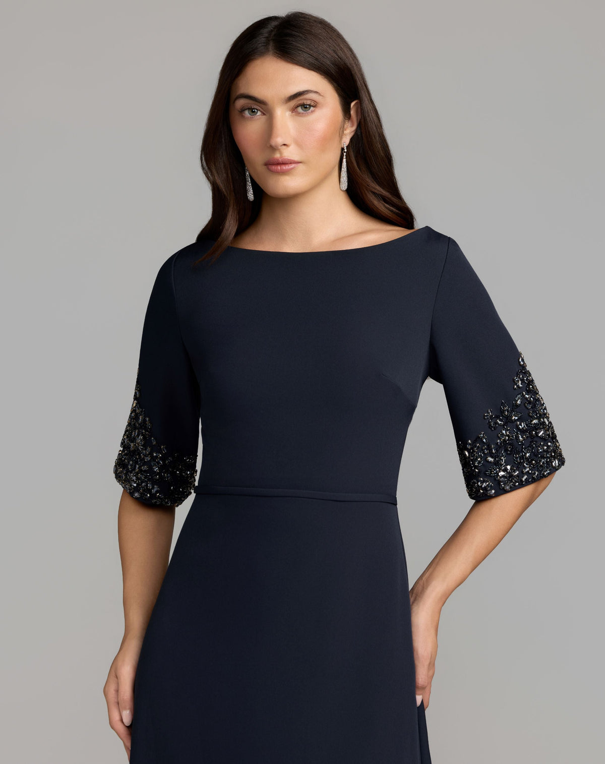 Mac Duggal #2438 midnight a-line crepe gown with beaded sleeves