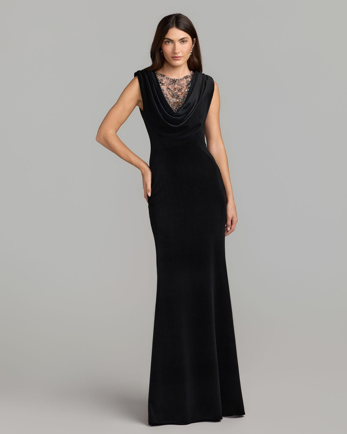 Mac Duggal #2449 black velvet cowl gown with sheer beaded neckline