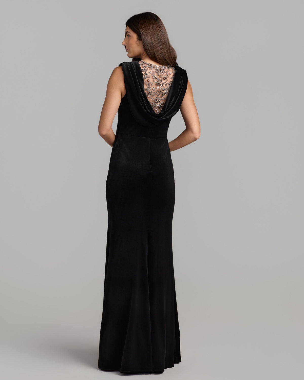 Mac Duggal #2449 black velvet cowl gown with sheer beaded neckline back view