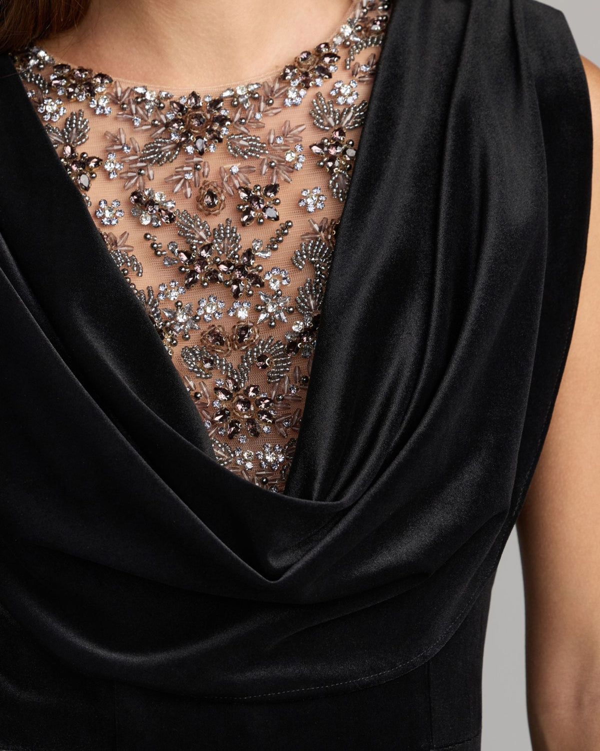 Mac Duggal #2449 black velvet cowl gown with sheer beaded neckline close-up