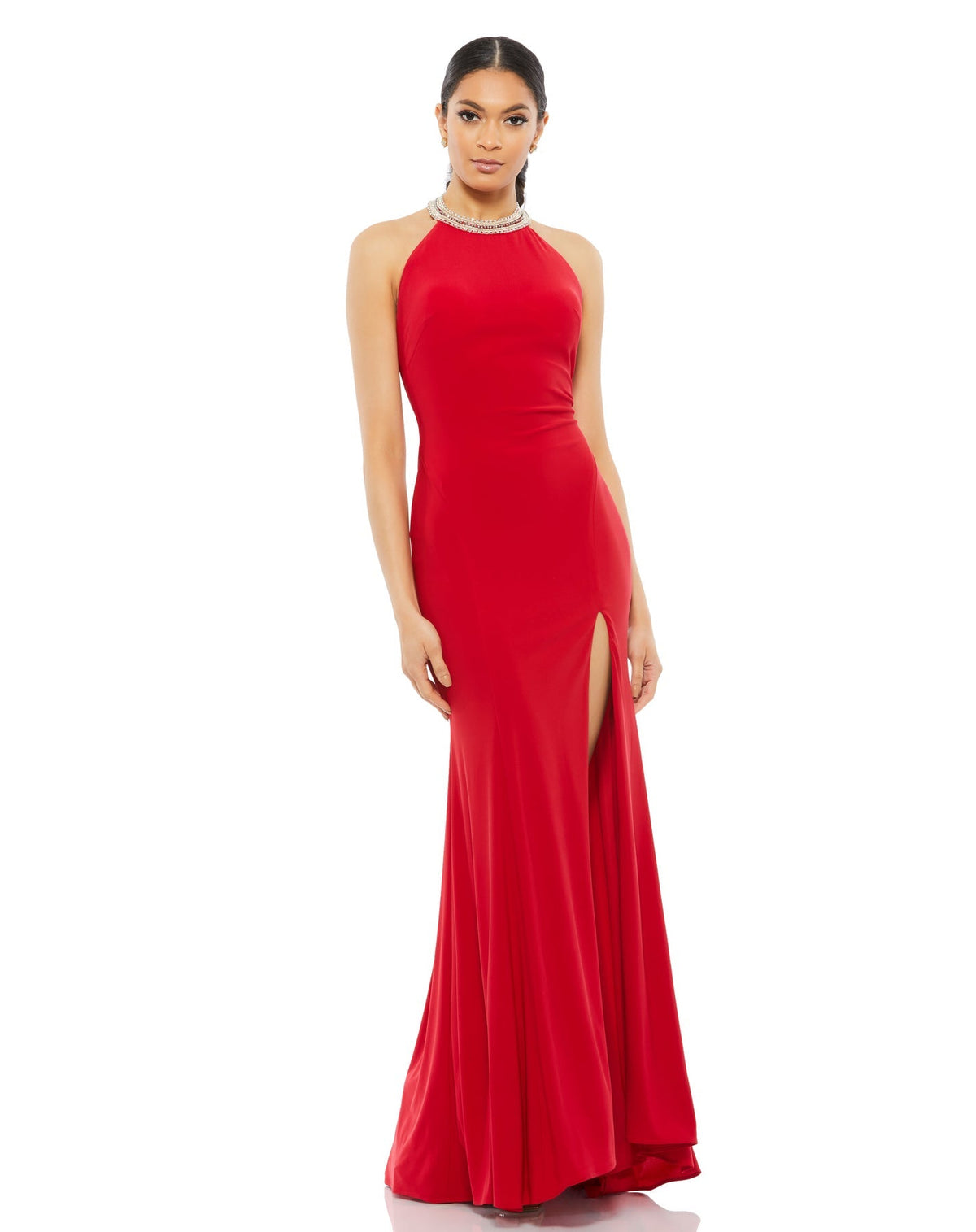 MAC DUGGAL, BEADED HALTER JERSEY GOWN, Style #25572 RED